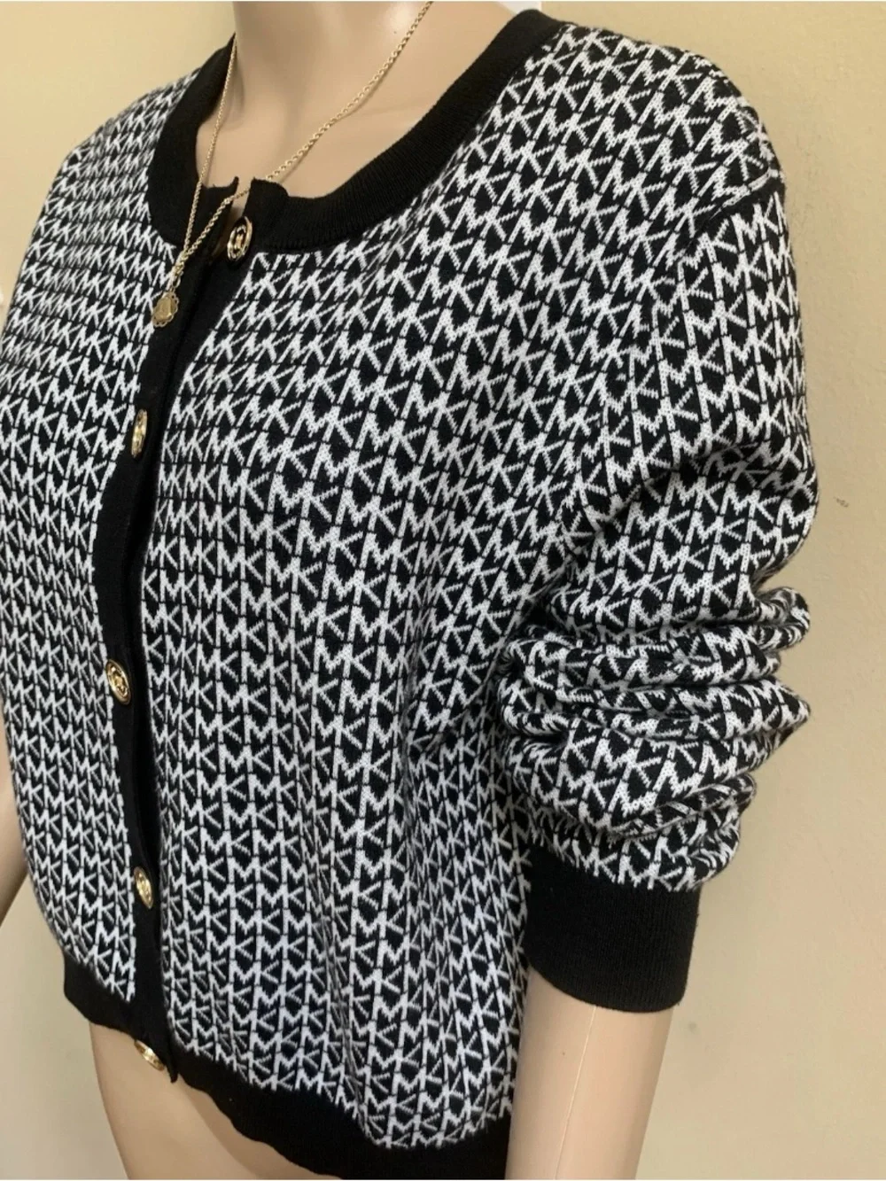 Michael Kors Black Trim & White Monogram Gold Buttons Knit Button-Up Cardigan XL